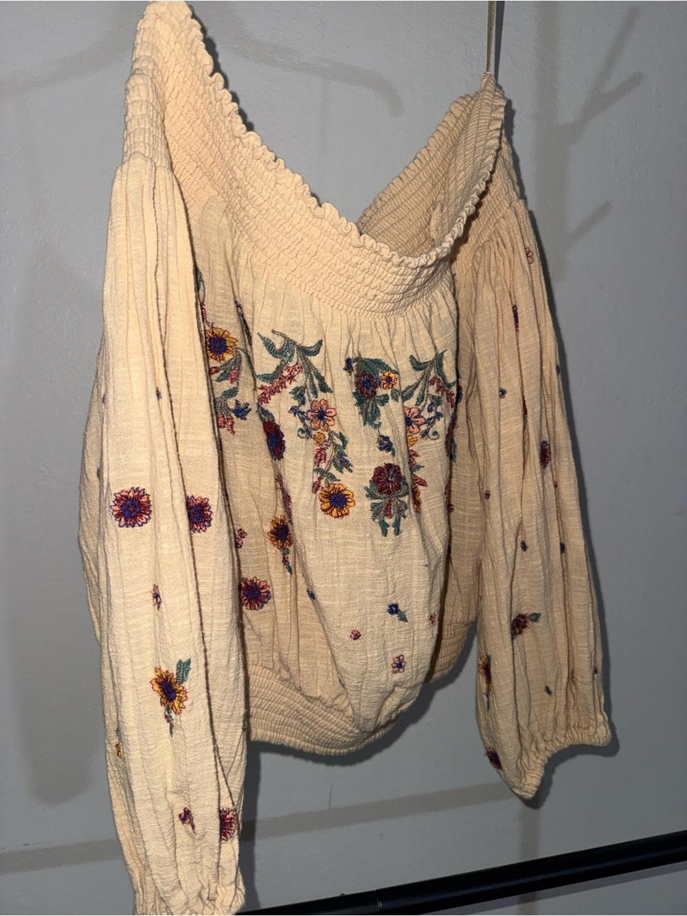 Free People Cream Embroidered Off-Shoulder Crop Top